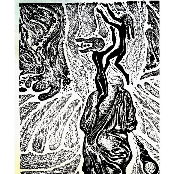 Abstract Ink Drawing Art Photo Print Black White Double Matted 14 x 16" - Picture 2 of 9